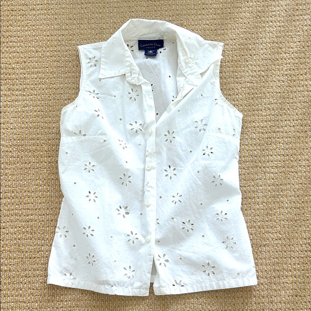 Charter Club White Eyelet Sleeveless Top